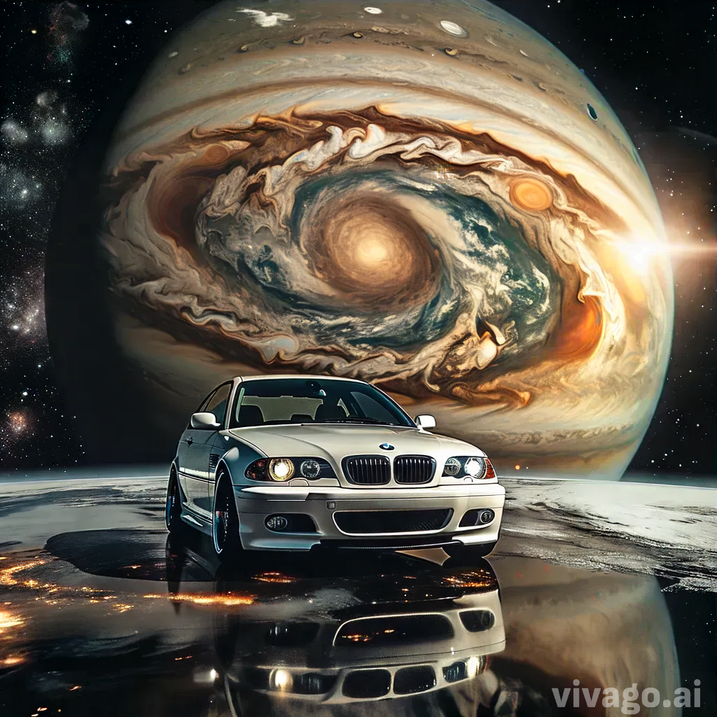 A white BMW in outer space with Jupiter in the backgroung